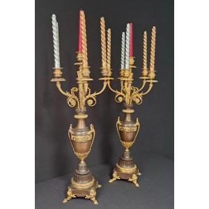 Lmpair Of Large Candelabras In Gilt Bronzes.