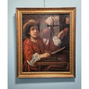 The Seller At His Stall: 18th Century Oil Painting.