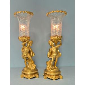 Important Pair Of Tealight Holders In Gilt Bronze And Cut Crystal.