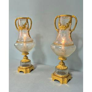 Important Pair Of Tealight Holders In Gilt Bronze And Cut Crystal.