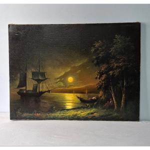 Sailboat At Sunset. Oil On Canvas.