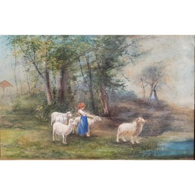 The Young Shepherdess: Gouache Painting On Paper 19th Century
