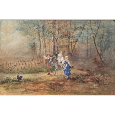 Young People At The Wood: Gouache Painting On Paper 19th Century