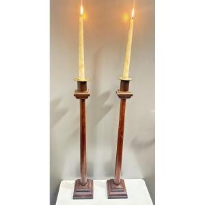 Pair Of Large Wood And Bronze Church Altar Candlesticks