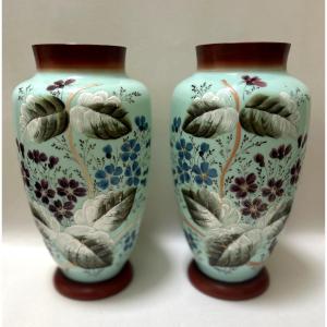 Pair Of Napoleon III Enamelled Opaline Vases