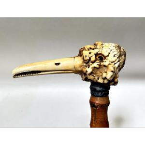 Figurative Riding Crop Carved From Bamboo And Deer Antler