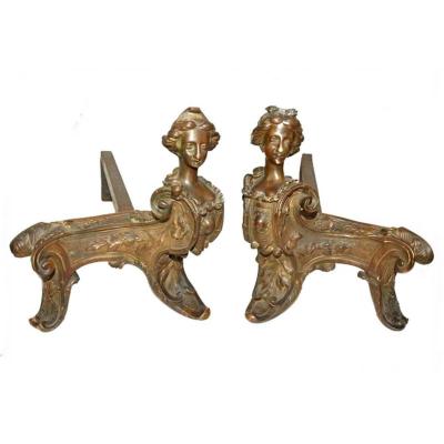 Pair Of Andirons Bronze Louis XV