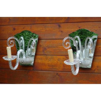 Pair Of Murano Glass Mirrored Sconces Year 1940-50