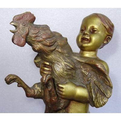 The Child With The Rooster In Gilt Bronze Signed Oscar De Beul