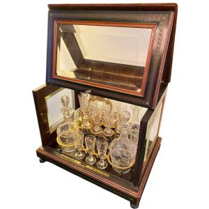 Napoleon III Liquor Cabinet, Marquetry, Complete Original Engraved Crystal Set, 19th Century