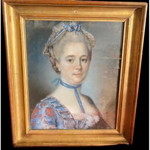 Portrait Of A Young Woman With A Blue Ribbon, Pastel Signed And Dated 1769