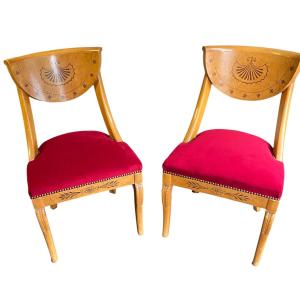 Pair Of Directoire Style Chairs In Light Fruitwood Marquetry, Late 19th Century