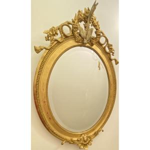 Napoleon III Gilt Wood And Stucco Mirror With Swan Pediment, Beveled Glass, 120 Cm
