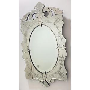 Venetian Mirror Engraved With Floral Decoration, Murano Italy, Circa 1940-1950