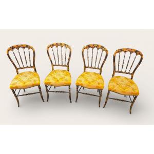 Set Of 4 Napoleon III Chairs In Blackened Wood With Gilt Decoration, Damask Upholstery