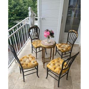 Set Of 4 Napoleon III Chairs In Blackened Wood With Gilt Decoration, Damask Upholstery