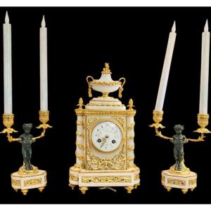 Alabaster And Gilt Bronze Garniture With Patinated Cherubs, Clock Signed E. Godeau Paris