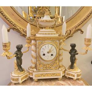 Alabaster And Gilt Bronze Garniture With Patinated Cherubs, Clock Signed E. Godeau Paris