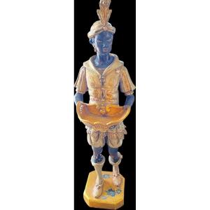 Important Venetian Moretto Blackamoor Figure Tray Holder In Polychrome Wood, Venice