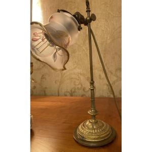 Art Nouveau Brass Table Lamp With Signed Daum Nancy Acid-etched Glass Shade
