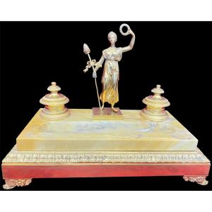 Napoleon III Gilt Bronze And Algerian Onyx Desk Inkwell With Allegorical Figure – 19th Century