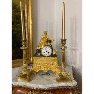 Pair Of French Restoration Period Gilt Bronze Candlesticks With Fluted Columns – 19th Century
