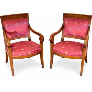 Pair Of Restoration Period Walnut Armchairs With Scrolled Armrests – 19th Century