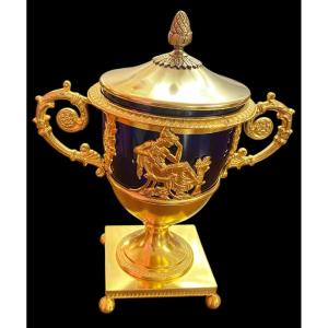 Napoleon III Covered Jam Pot In Gilt Bronze And Cobalt Blue Glass, 19th Century