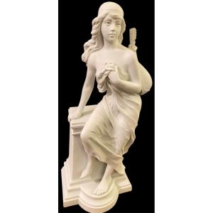 Signed Royer Biscuit Porcelain Sculpture, Young Woman With Mandolin, Neoclassical Style