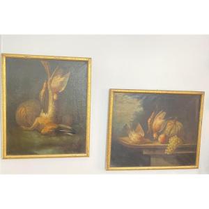 Pair Of French Hunting Still Lifes With Game Birds And Fruit, Late 18th  Early 19th Century