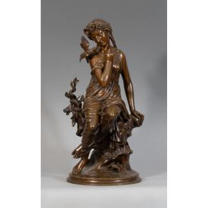 Jean Bulio - Bronze Statue - Young Woman With Dove - 71 Cm - C.1860
