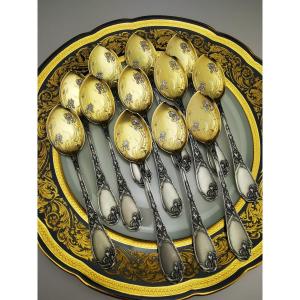 Puiforcat "iris" - 12 Ice Scoops And 1 Serving Pieces In Solid Silver Vermeil
