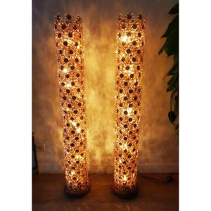 Palwa Crystal Factory (palme & Walter) - Pair Of Gilt Brass And Crystal Floor Lamps - Circa 1960