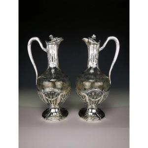 Puiforcat - Pair Of Silver (950) And Crystal Ewers