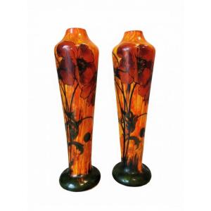 Legras - Pair Of Large Enameled Glass Vases "poppy" Circa 1920 (43 Cm)