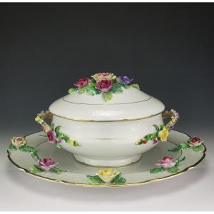 Raynaud - Limoges Porcelain - Tureen And Tray Decorated With Bas-relief Flowers