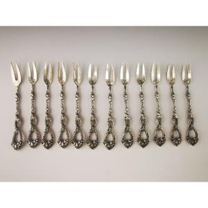A. Vaguer - 12 Minerva Silver Seafood Forks With Marine Decoration