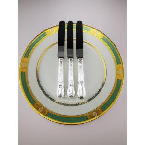 Odiot - "louveciennes" - 3 Dessert Knives (steel Blade) - Minerva Silver - De Foy Family