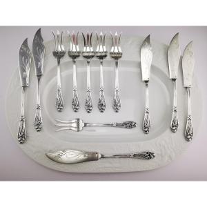Henin & Cie - Iris Art Nouveau Model - 6 Silver Fish Cutlery Sets, Minerve 1st Title