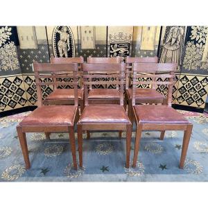 Suite Of 6 Chairs In Oak And Leather 1950