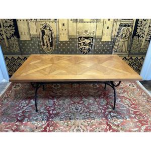 Iron Dining Table And Oak Parquet Top