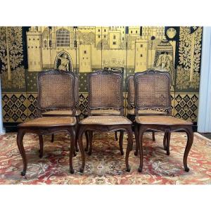 Set Of 6 Louis XV Style Caned Chairs In Oak