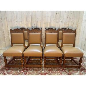 Set Of 8 Louis XIII Style Chairs - Haute époque In Leather