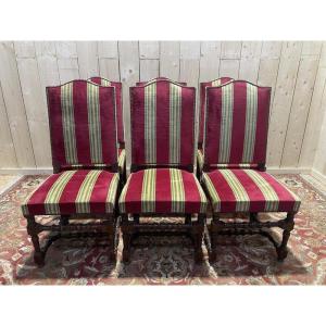 Set Of 6 Louis XIII Style Striped Velvet Chairs