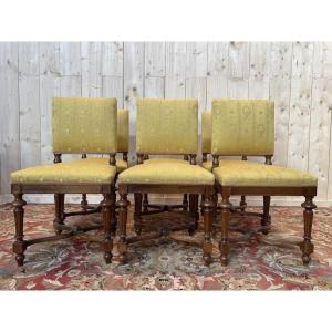 Set Of 6 Napoleon III Chairs In Walnut And Fabric