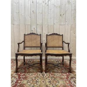 Pair Of Louis XIII Style Armchairs In Sheep Bone Cane.