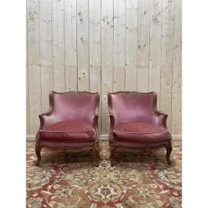 Pair Of Louis XV Style Bergère Armchairs In Pink Velvet