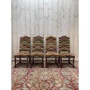 4 Louis XIII Style Chairs In Turned Wood And Velvet