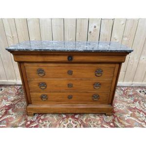 Louis Philippe Style Chest Of Drawers In Cherry Wood And Veined Gray Marble