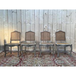 Set Of 4 Louis XV Style Caned Chairs, Rechampi